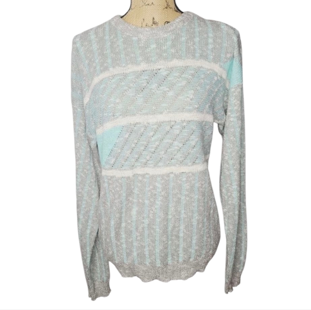 Vintage 80s 90s Mint Green Grey Striped Loose Knit Slouchy Sweater